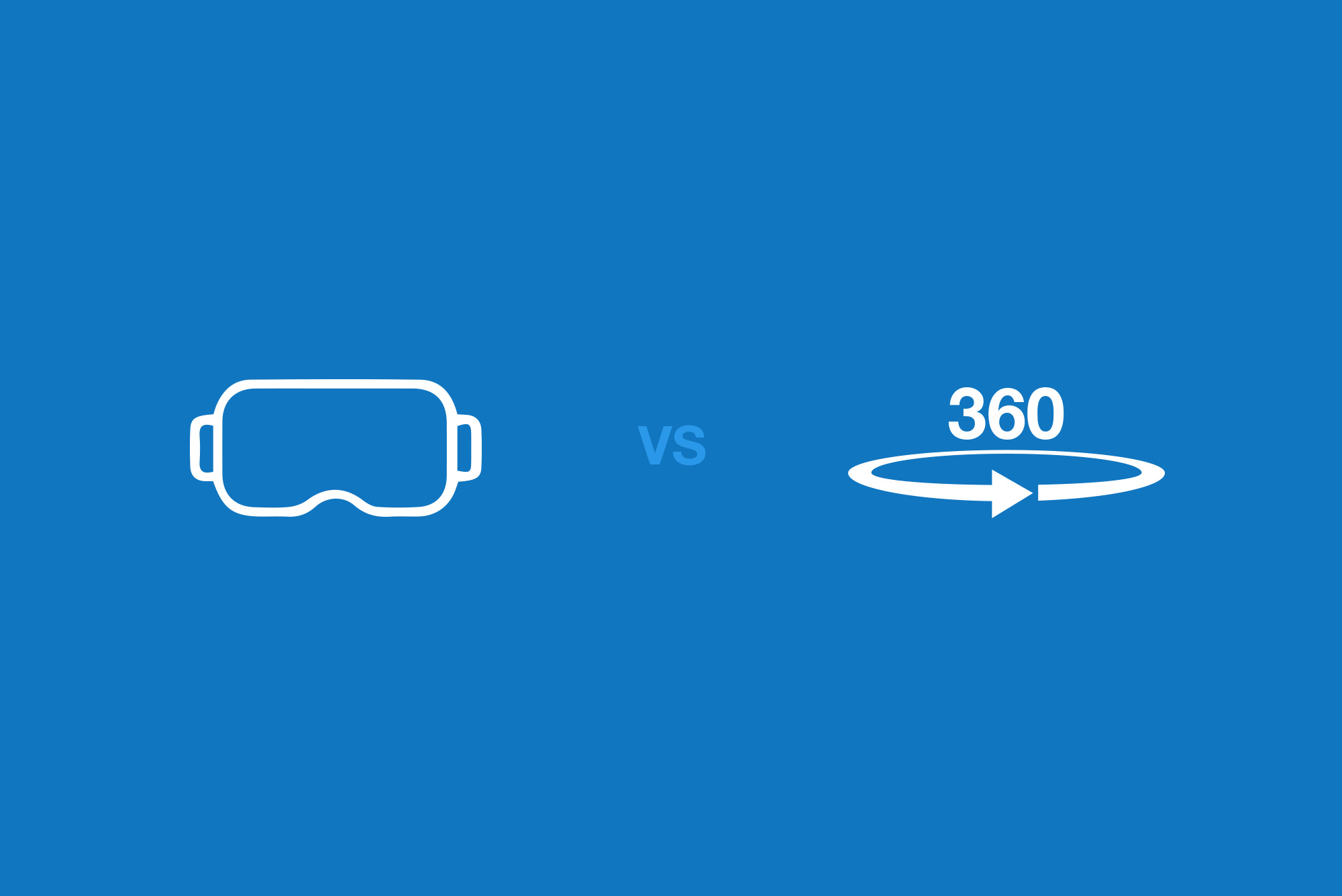 VR headset logo in white vs 360 video logo in white on blue background