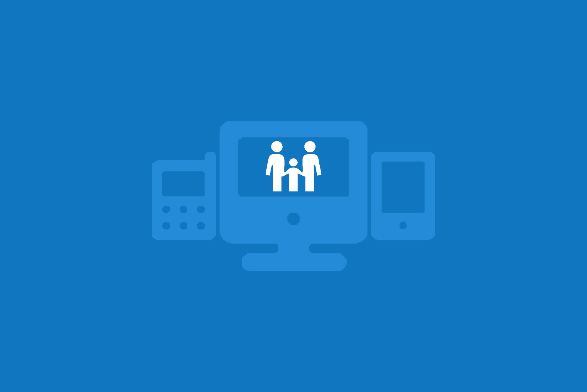 Online safety. Mobile, computer and tablet icons with family icon in the middle on blue background.
